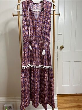3/$40 - Sleeveless Maxi Dress in Purple Geometric Print with Tassel Ties